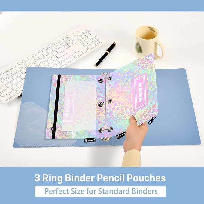ALAZA Pencil Pouch for 3 Ring Binder, Rainbow Leopard Print Rose Gold Cheetah Custom Binder Pencil Pouches with Clear Window Zipper Pencil Case Cosmetic Bags for Office College Supplies, 2PCS
