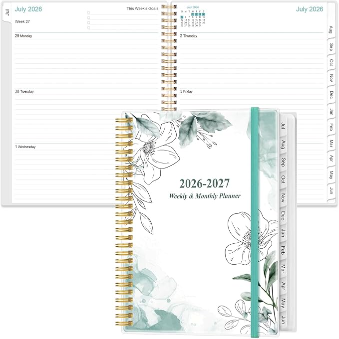 2026-2027 Planner - Planner 2026-2027 from July 2026 - June 2027 with 12 Monthly Tabs, Flexible Cover, Inner Pocket, 8.5" x 11", Teal Flowers