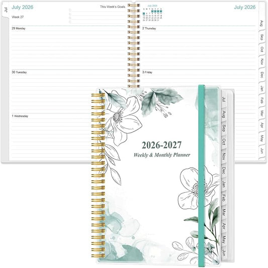 2026-2027 Planner - Planner 2026-2027 from July 2026 - June 2027 with 12 Monthly Tabs, Flexible Cover, Inner Pocket, 8.5" x 11", Teal Flowers
