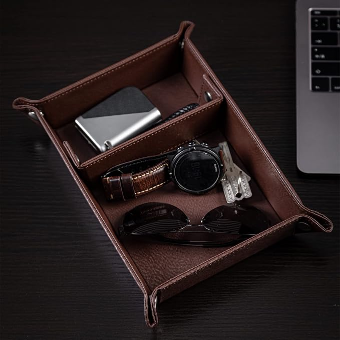 Valet Tray for Men PU Leather Tray Organizer with Partition Luxurious | Night Stand During Trays Storage Keys, Watch & Practical Storage for Table Nightstand Living Room Bedroom (Dark Brown)