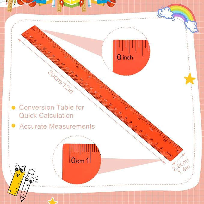 EBOOT 2 Pack Plastic Ruler Straight Ruler Plastic Measuring Tool for Student School Office(Red,12 Inch)