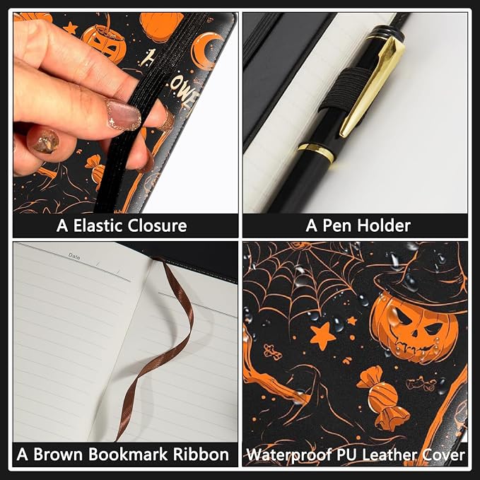 A5 Leather Lined Journal Notebook, 200 Pages Hardcover Executive Notebook for Men Women Office School Note Taking, Thick Writing Paper Daily Journal with Bookmarks/Indexes, Halloween Pumpkin