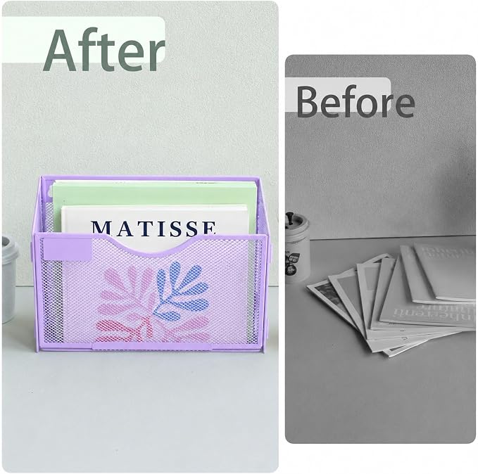 1 Pocket Mesh Wall File Holder Organizer Office Hanging File Folder Magazine Rack, Nametag Label Hooks Set Included (Purple)