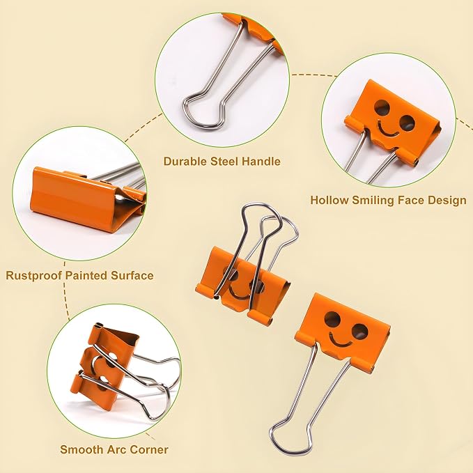 Coideal Cute Smiley Face Binder Clips, 48 Pack 1 Inch Medium Metal Paper Clamps, Assorted Colors Hollow Design for Office School Home Organization (25mm)