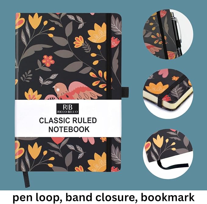 RICCO BELLO Lined Journal Notebook, Folk Art Flowers, Hardcover | Pen Holder, College Ruled, 96 Sheets/192 Pages, 5.7 x 8.4 Inches, For Work & Notes