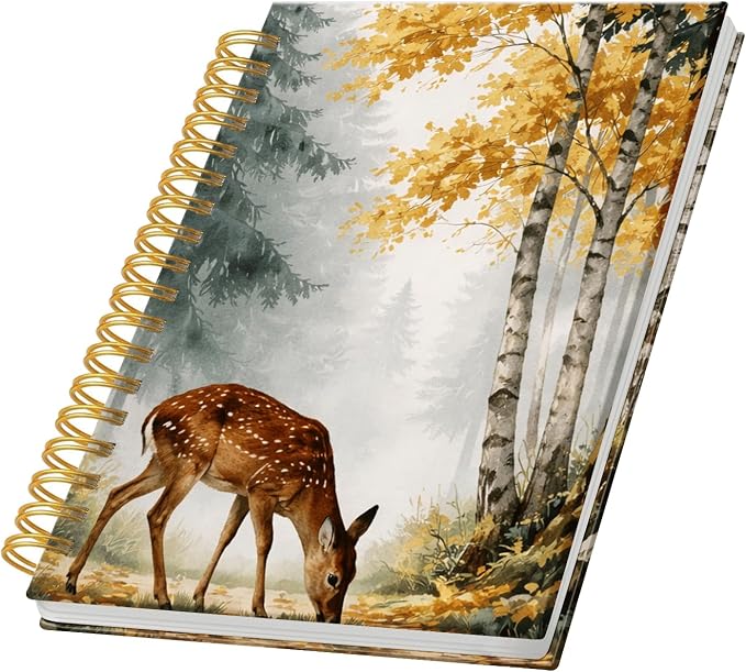 KZYVFNPQ Spiral Journal Notebook for Women Men, A5 Cute Hardcover Lined Notebook with Strong Binding,College Ruled Notebook for Office Work Writing(Autumn Forest Deer Trees Misty Landscape)