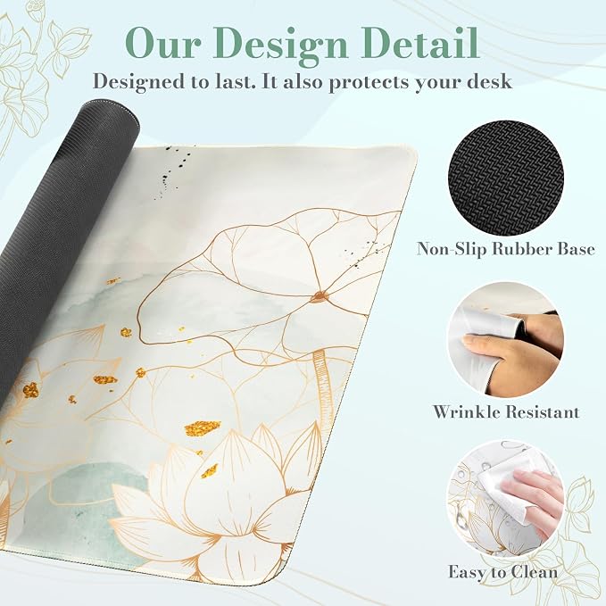iCasso Desk Cover Mat, Extra Large Lotus Mouse Pad, Desk Pad Mat,Office Matt for Desktop Protector, Anti-Slip XXL Big Mousepad with Stitched Edges for Laptop Computer Keyboard(Green Lotus Leaf)