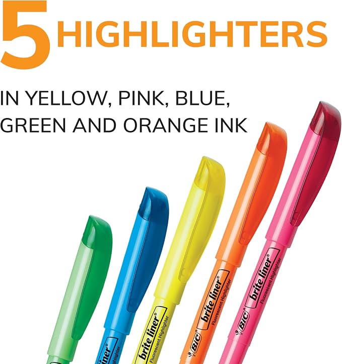 BIC Brite Liner Highlighters, Chisel Tip, School Supplies for Students and Teachers, Ideal for Notes, Textbooks, and Classroom Use, 5-Count Pack in Assorted Colors