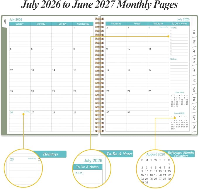 2026-2027 Daily & Monthly Planner - One Page Per Day, Daily Planner from July 2026 - June 2027, Planner 2026-2027 with 12 Monthly Tabs, 8.5" x 11", Green