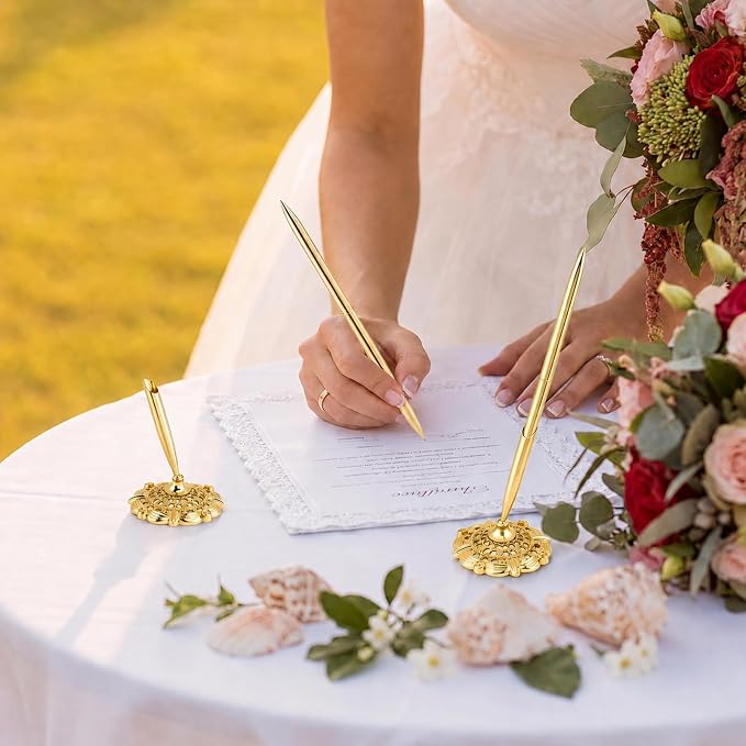 2 Pcs Gold Bridal Shower Pens for Guest Book with 360° Rotating Metal Pen Holder, Wedding Guest Book Signing Pen Set, Durable Metal Ballpoint Pens for Reception Table Decor