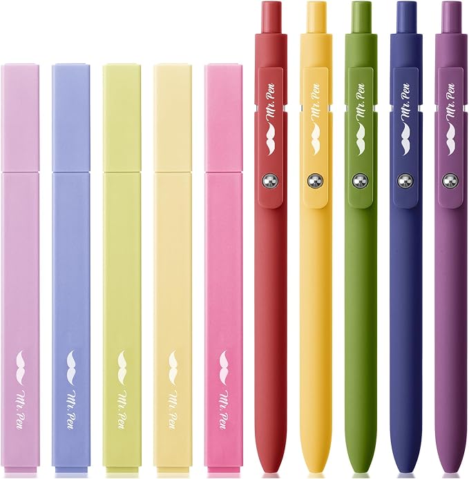 Mr. Pen- Aesthetic Highlighters and Gel Pens, 10 Pack | Vintage Colors Bible Highlighters No Bleed, Black Ink Gel Pens, Fast Dry and No Smear for Bible Journaling, Planner