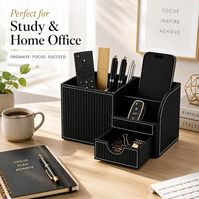 KINGFOM Executive Leather Desk Organizer with Drawer, Modern Black Desk Accessories for Men, Premium Office Desk Organizer with Pen Holder & Storage Compartments for Home Office