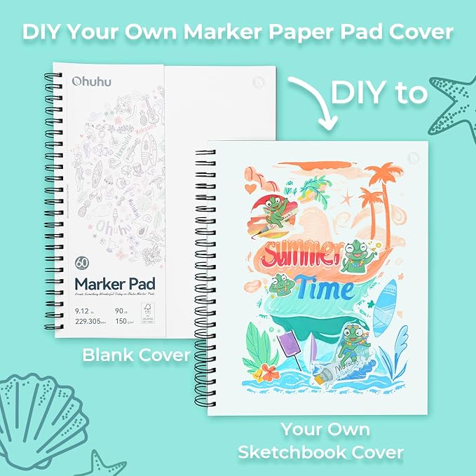 Ohuhu Double-Sided Marker Pads Art Sketchbook Bleedproof - 9"x12" Large Paper Size - 90 LB/150 GSM Smooth Drawing Paper - 60 Sheets/120 Pages, Spiral Bound Sketching Book for Alcohol Markers