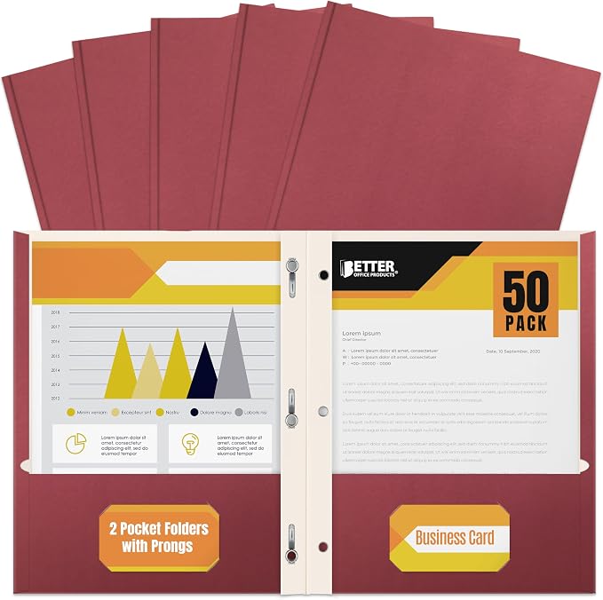 Better Office Products Burgundy Paper 2 Pocket Folders with Prongs, 50 Pack, Matte Texture, Letter Size Paper Folders, 50 Pack, with 3 Metal Prong Fastener Clips, Burgundy Red