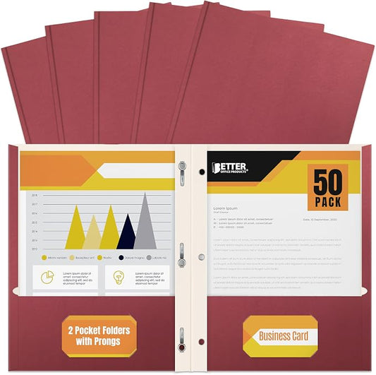 Better Office Products Burgundy Paper 2 Pocket Folders with Prongs, 50 Pack, Matte Texture, Letter Size Paper Folders, 50 Pack, with 3 Metal Prong Fastener Clips, Burgundy Red