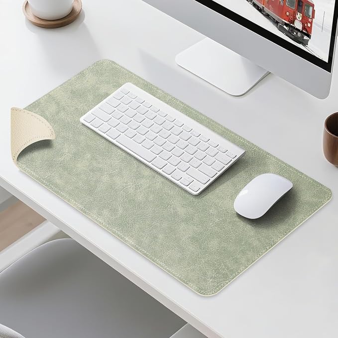 Imitation Crazy Horse Leather Desk Mat - Waterproof Desk Pad - Ideal for Large Mouse Pad and Desk Mats on Top of Desks (Light Green+White, 25"*13")