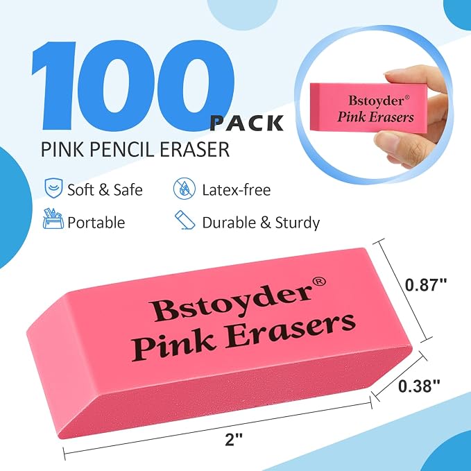 Pink Erasers Bulk, 100 Pack Rubber Pencil Erasers Bulk for School/Office, Latex-Free Smudge-Free Soft Bevel Erasers for Students, Bulk School Supplies for Classrooms, Teachers, Home, Office, Art Class