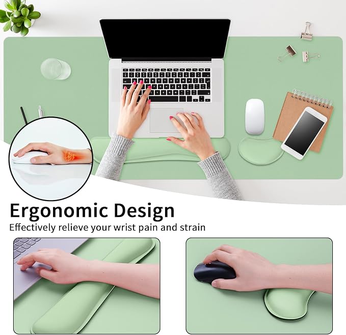 Mouse Pad and Keyboard Wrist Rest, Large Keyboard and Mouse Pad Set, Ergonomic Mousepad with Wrist Rest, Non-Slip Desk Mat Protector for Office, Home (35.4×15.7 Inches, Lake Green)