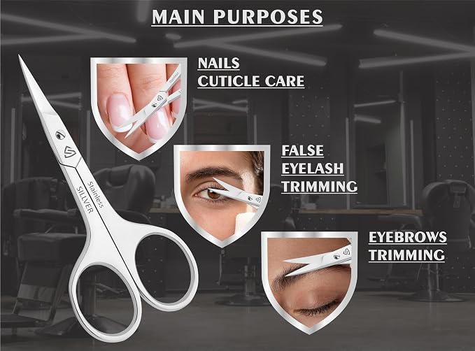 SILLVER Nail Scissors Curved Professional for Women and Men, Facial Hair Small Grooming Scissors for Nail, Eyebrows, Nose Hair, Mustache, Beard, Eyelashes, Dry Skin - Manicure Scissors