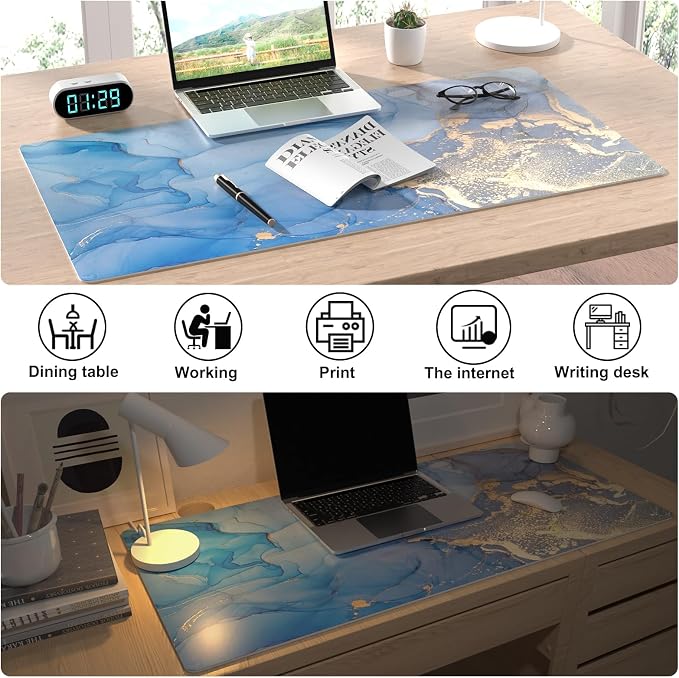 Colorful Star Blue Marble Leather Desk Mat, 31.5" x 11.8" | Waterproof Large Keyboard and Gaming Mouse Pads, Non-Slip Blotter Writing Pad, Desk Decor Accessories for Women & Men