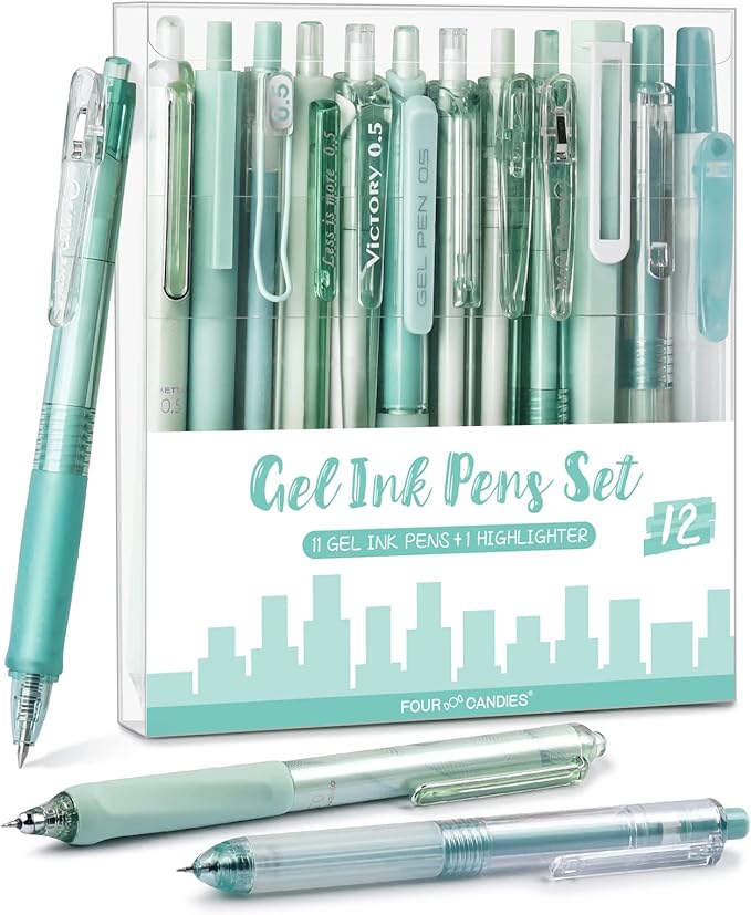 Four Candies Green Pens, Black Gel Ink, Forest - 12ct, 0.5mm Fine Point | Teal School & Office Supplies, Mint Green Pen and Highlighter Set, Smooth Writing