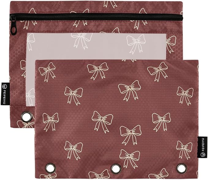 Gredecor 3 Ring Binder Pencil Pouch, Burgundy Maroon Bows Zippered Pen Case Pouches with Clear Window, 2 Pack Stylish Office & School Supplie
