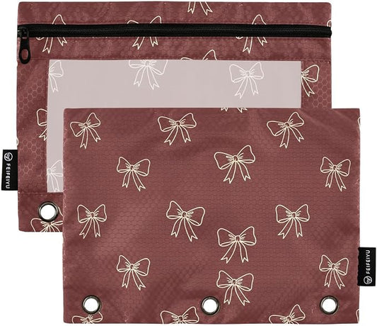 Gredecor 3 Ring Binder Pencil Pouch, Burgundy Maroon Bows Zippered Pen Case Pouches with Clear Window, 2 Pack Stylish Office & School Supplie