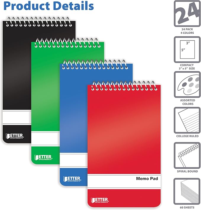 Better Office Products Memo Pads, 24 Pack 3x5 inches, 60 Sheets, College Rule, Assorted Solid Colors, Memo Pad & 3x5 Notebook for Notes, Writing, Office & School Use