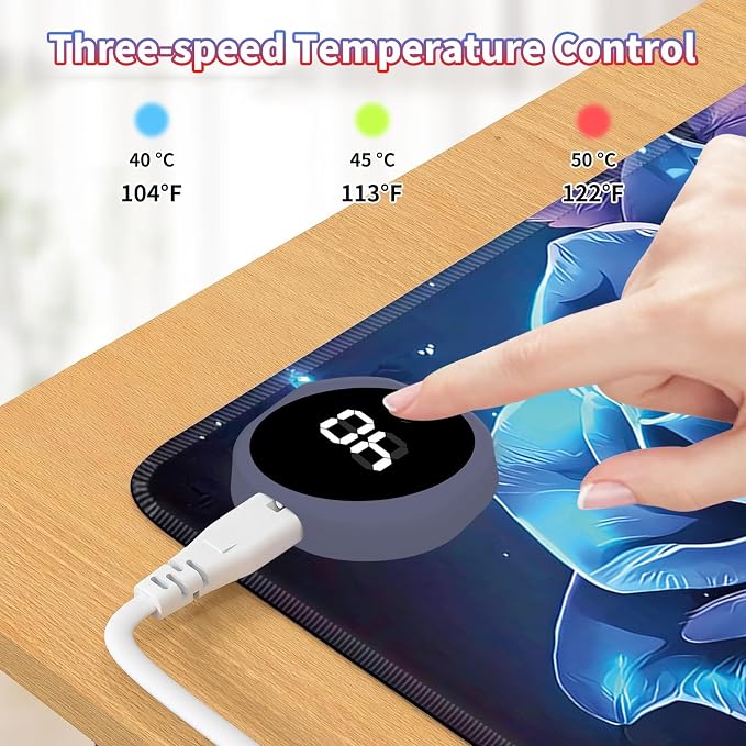 Heated Desk Pad Large Mouse Pad 31.5 x 13 inch with 3 Levels Heating & Auto Shut-Off Warm Mouse pad PU Leather Computer Mousepad for Home Office Work - Blue and Purple Rose Flower