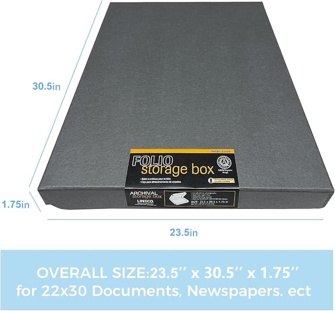 Lineco Clamshell Archival Storage Box, 23.5x30.5x1.75 Inch, Gray | Acid-Free with Metal Edge Boxboard, Organize and Store Photos Documents Cards Negatives Magazine Prints Family Records DIY