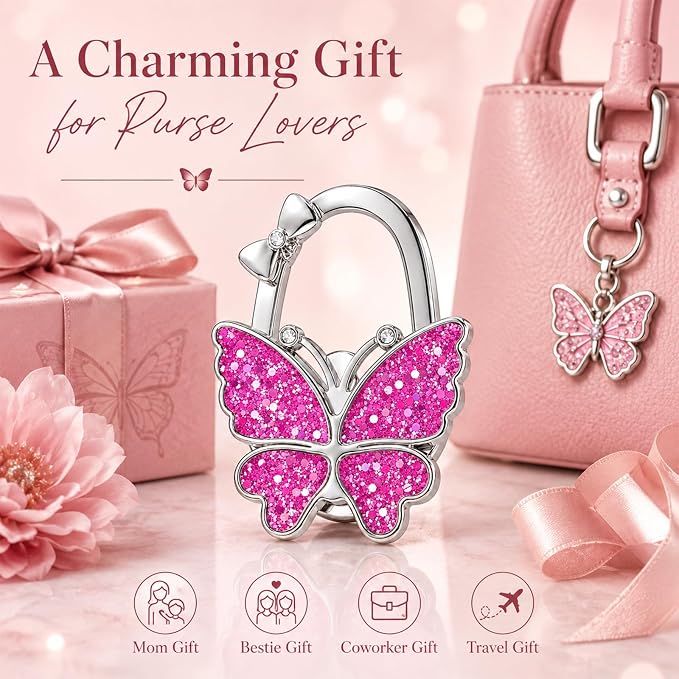 Purse Hook for Table, Foldable Handbag Hanger for Women, Portable Bag Holder with Non-Slip Base, Cute Sequin Purple Butterfly Purse Table Hook for Restaurant Office Travel Gift