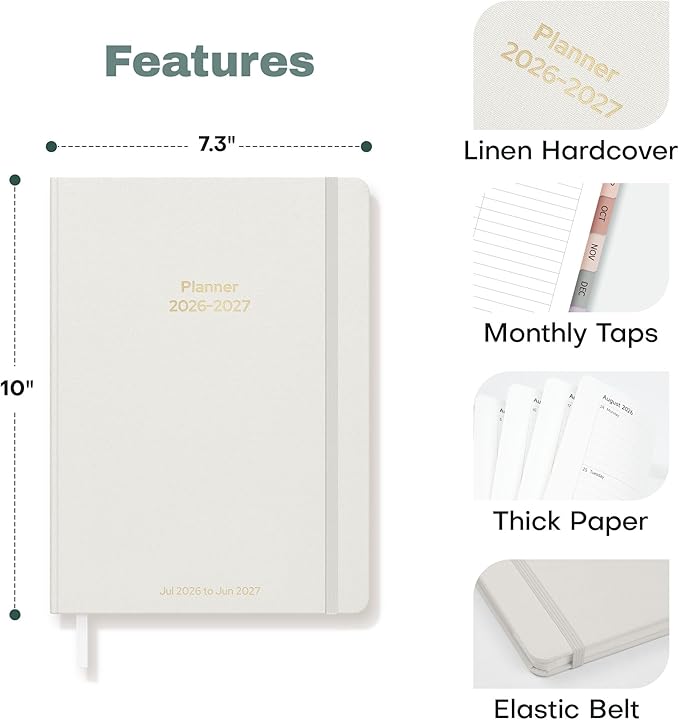 Planner 2026-2027 Monthly and Weekly Academic Planner July 2026 - June 2027, Linen Hardcover Agenda 2026-2027 Calendar Daily Planner for Student Teacher with Monthly Tabs, 7.3" x 10", Elegant Ivory