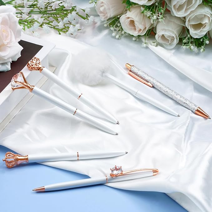 WEMATE 8Pcs Fancy Pens Set, Metal Crystal Diamond Pens White | With Black & Blue Ink, Glitter Design for Journaling, Office Supplies, School Use & Gifts for Women