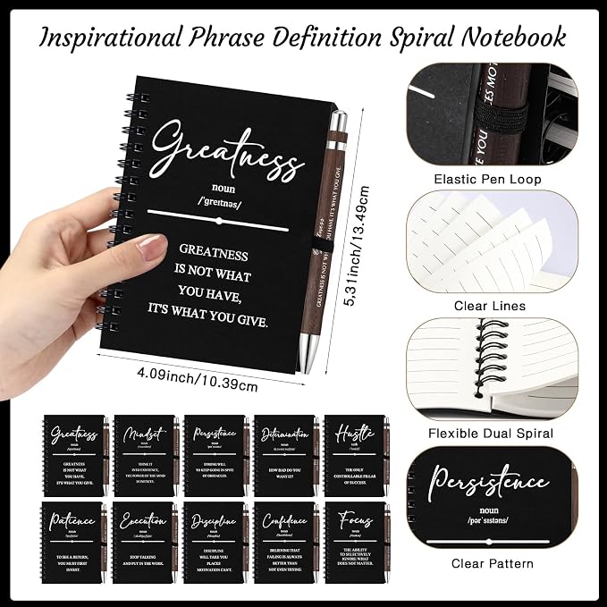 TecUnite 30 Sets Inspirational Spiral Notebooks with Motivational Bamboo Pens Bulk, Employee Appreciation Gift for Teachers Coworker Team Students, Thank You Notepad Journal for Father’s Day(Black)