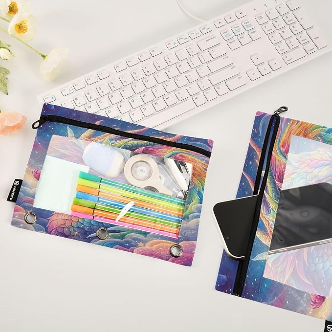 ALAZA Pencil Pouch for 3 Ring Binder, Rainbow Dragon Cloud Binder Pencil Pouches with Clear Window Zipper Pencil Case Cosmetic Bags for Office College Supplies, 2PCS