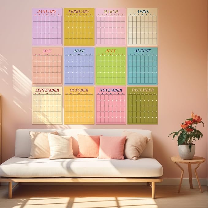 12 Pcs Undated Calendars 16‘'x20‘' Large Erasable Wall Calendar 12 Month Classroom Dry Ease Reusable Planning Colorful Yearly Blank Planner Reserved Grid for Office Home Educational Study Room Class