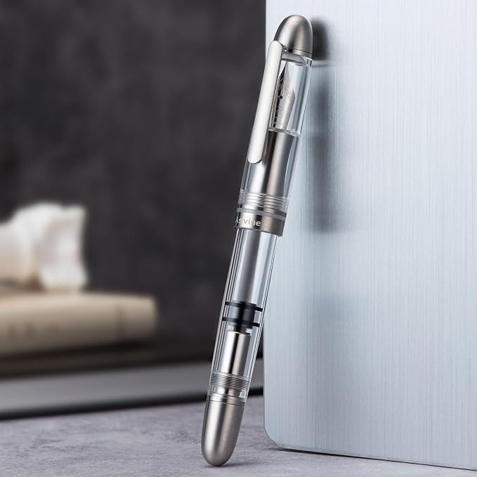 Asvine P36 Titanium Fountain Pen Piston Filling, Fine Point Clear Demonstrator Pen Smooth Writing Pen Case Set