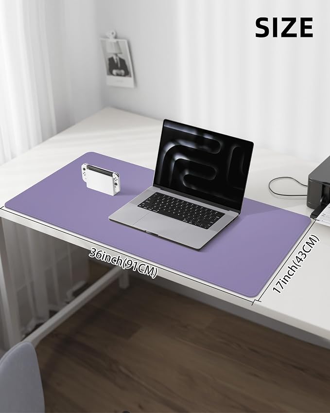 Leather Desk Pad Protector,Desk Mat,Large Mouse Pad, Non-Slip Desk Pad, Waterproof PU Leather Desk Blotter Mat, Desk Cover for Office and Home (Light Purple, 36" x 17")
