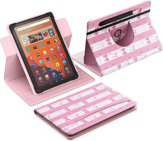 MoKo for Universal 11 inch Android Tablet Case with Pen Holder, Pink Bow | Fits All 9.6-11 inch Tablets, Slim 360 Degree Rotating Cover, Multi-Angle Stand, Front Pocket, No fit iPad/NO back opening