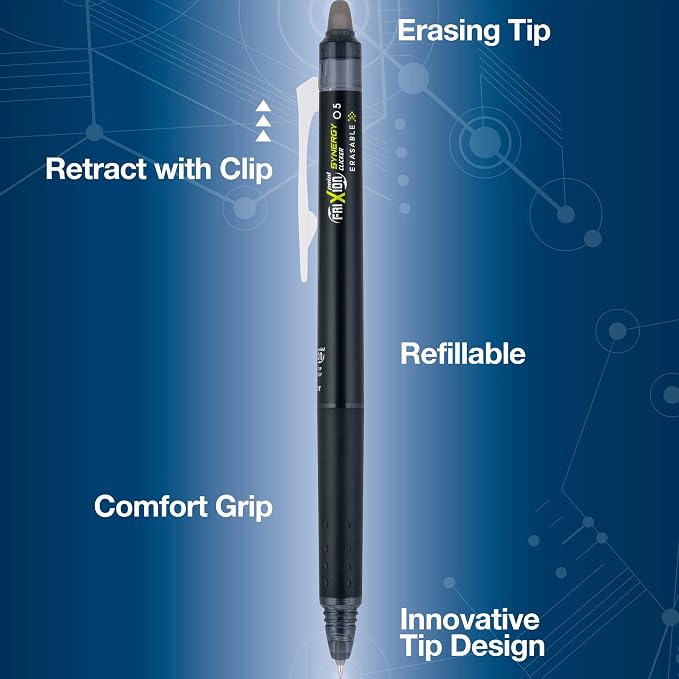 Pilot FriXion Synergy Clicker Erasable, Refillable, Retractable Gel Ink Pens, Extra Fine Point 0.5 mm, Pack of 7, Assorted Colors, FriXion Erasable Pens 0.5 - Ideal for School & Office Writing