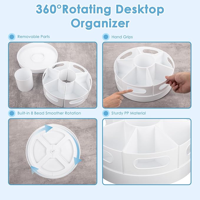 CraftGenes Rotating Art Supply Organizer, 7 Removable Compartments, White | Extra-large 360-degree desk caddy for markers, crayons and craft supplies, with 7 removable compartments and a non-slip base.