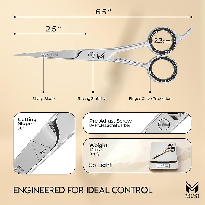 MUSI Hair Cutting Scissors 6.5" – Professional Razor-Sharp Barber Scissors for Men Women & Kids, Ergonomic Shears for Precise Haircuts, Long-Lasting Hair Trimming Shears for Home & Salon