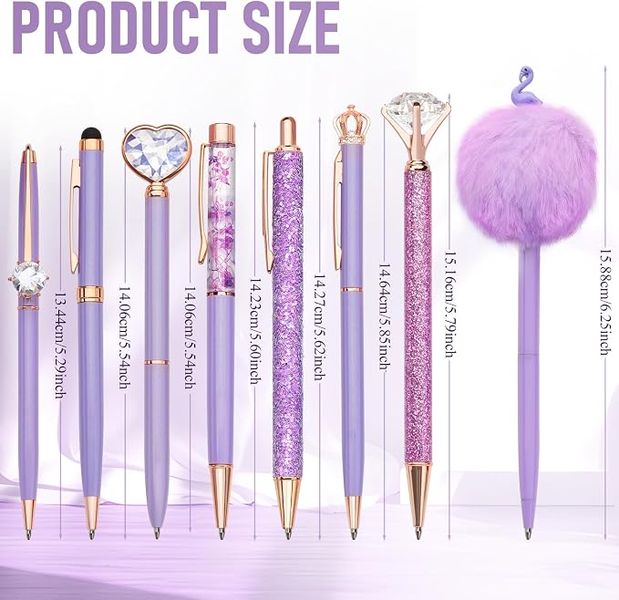 WEMATE 8Pcs Purple Pens, Metal Crystal Diamond Pens with Black & Blue Ink | Fancy Pens for Journaling, Office & Gift Supplies for Women Girls, Birthday and Back to School