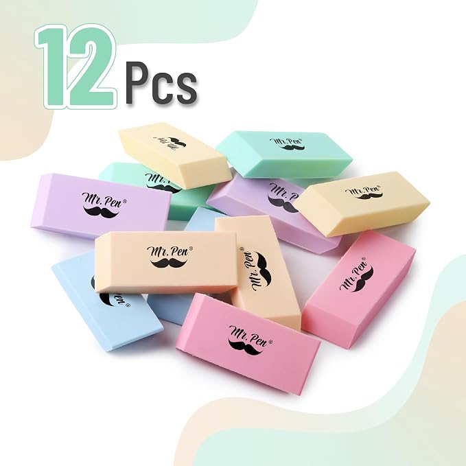 Mr. Pen- Pencil Eraser, 12 Pack, Pastel Colors | Large Latex Free Block Erasers for School, Office, Art Sketching, Homework, Exams, Clean Smudge-Free Correction