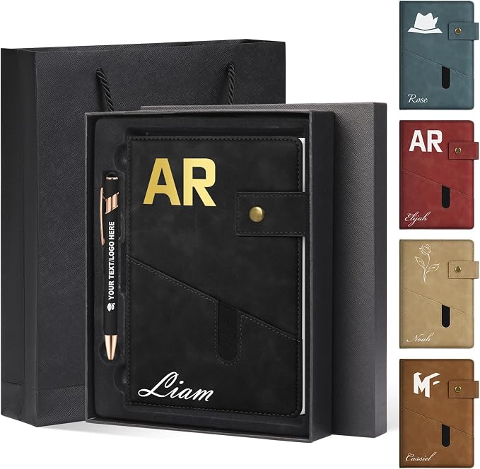ENOMY A5 Personalized Notebook Journal with Pen & Gift Set Custom Hardcover Notebook 200 Pages Thick Daily Diary for Men Women Lined Journal for Work College Travel Writing, Black