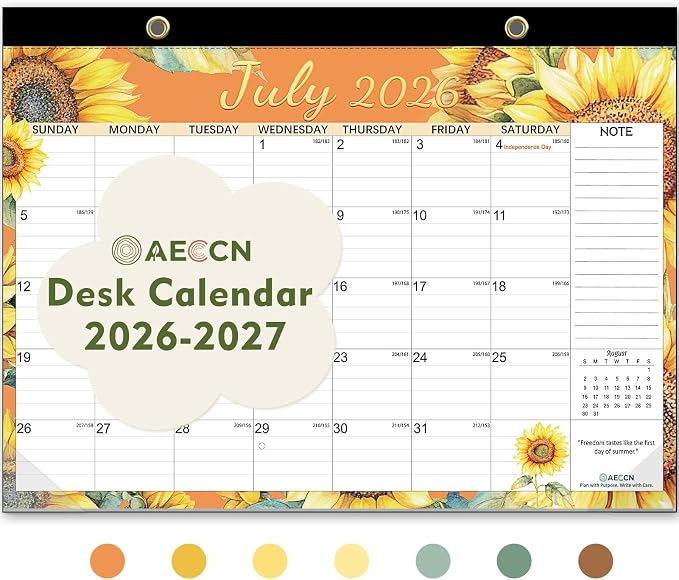 Desk Calendar 18 Months 17" x 11.4", Flower-1 PACK | 110 GSM Thick No-Bleed Paper | Large Ruled Blocks | Transparent Cover | Matching Stickers | Perfect for Home & Office