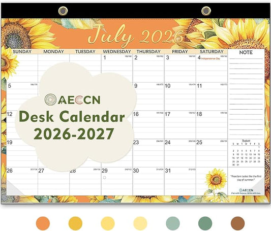 Desk Calendar 18 Months 17" x 11.4", Flower-1 PACK | 110 GSM Thick No-Bleed Paper | Large Ruled Blocks | Transparent Cover | Matching Stickers | Perfect for Home & Office