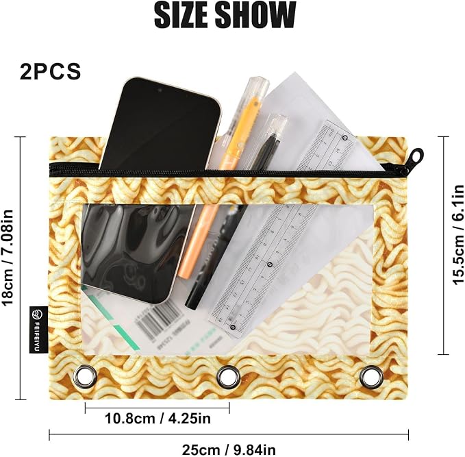 Ramen Noodles Pencil Pouches for 3 Ring Binder, Zipper Binder Pencil Case, 2 Pack Clear Window Case Bag for Office Organizers