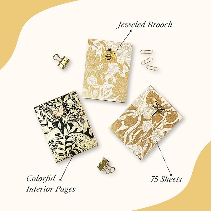 Punch Studio Flip-Top Notepad For Daily Notes or Notes on-the-go, with Magnetic Closure, Brooch Embellishment, Gold-Foil Accents & 75 Illustrated Sheets, 5" x 3.75" - Black Butterflies (50441)