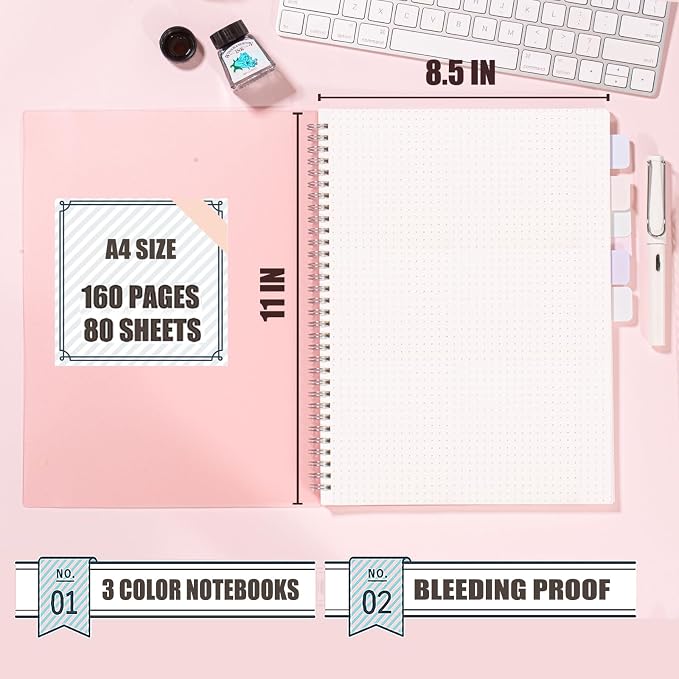 OWSC 3 Pack Dotted Spiral Notebook, Hardcover Notebooks for Work A4 Dot | 5.9 x 8.3 IN Notebooks College Ruled for Note Taking, School and Journal with 80 Sheets/160 Pages 110 GSM Thick Papers